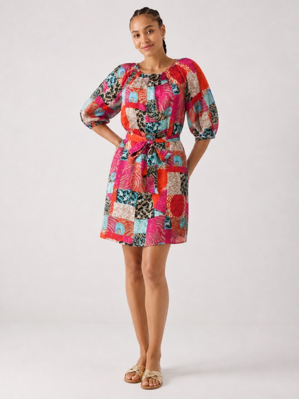 Lilly Pulitzer Sz 4 Keating Dress 100% SILK Patchwork Block Print Pleated Neck